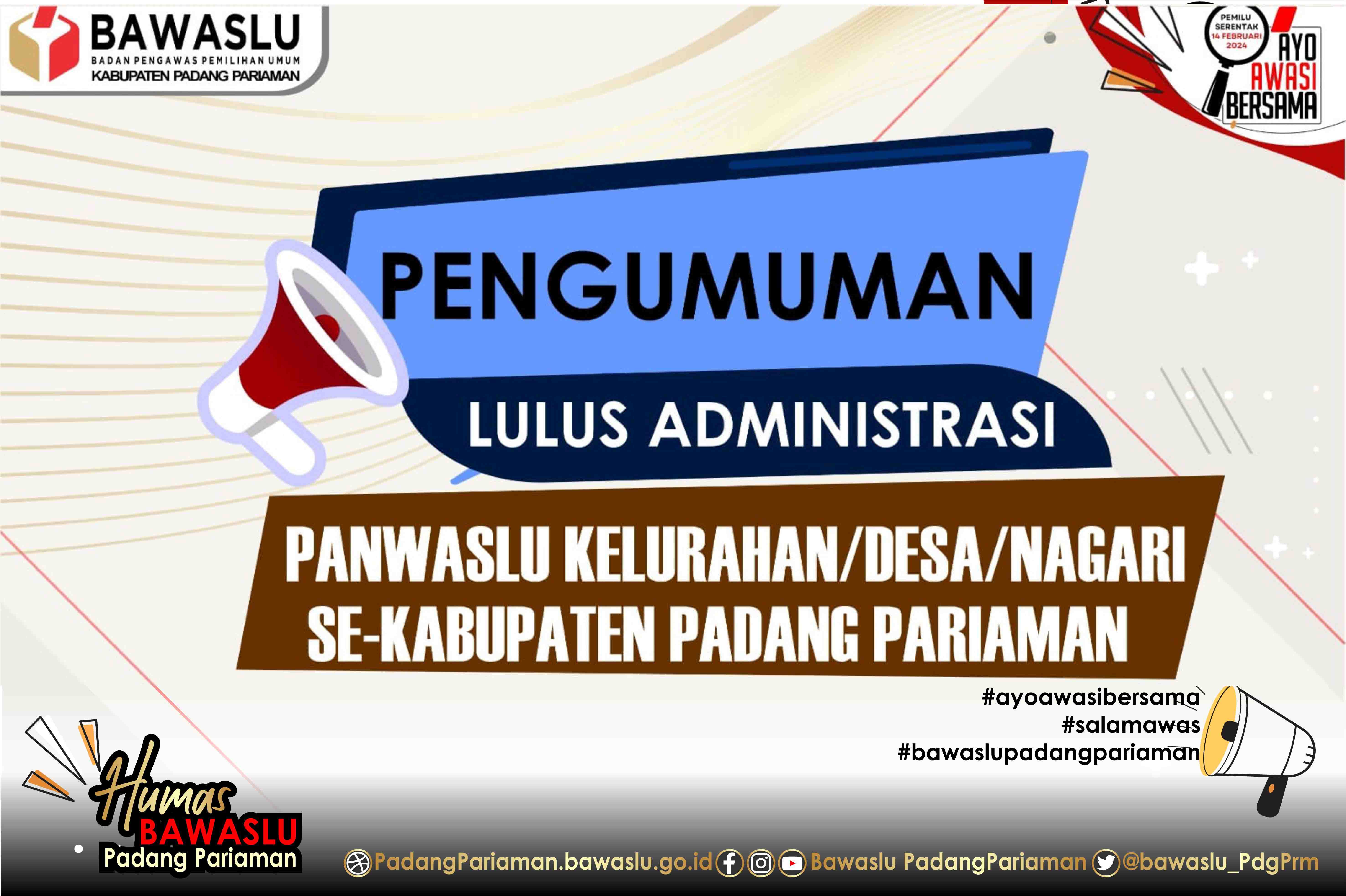 Pengumuman Lulus Administrasi Panwaslu Kelurahan/Desa/Nagari