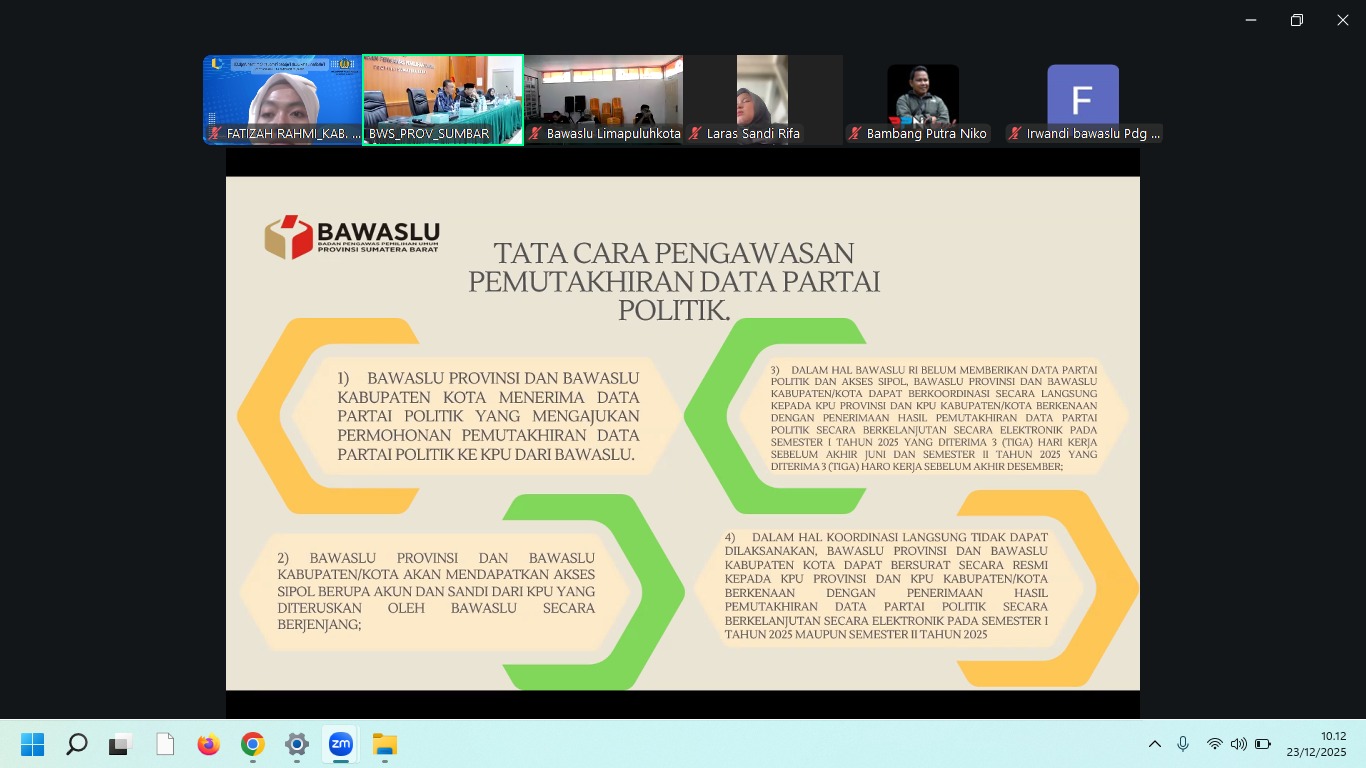Rapat Koordinasi (Rakor) Persiapan Pengawasan Pemutakhiran Data Partai Politik Berkelanjutan untuk Semester II Tahun 2025 yang diselenggarakan oleh Bawaslu Provinsi Sumatera Barat, Selasa (23/12/2025).