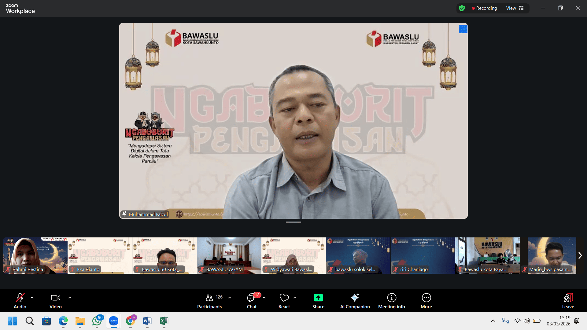 Ngabuburit Pengawasan yang diselenggarakan oleh Bawaslu Kota Sawahlunto bersama Bawaslu Kabupaten Pasaman Barat melalui Zoom Meeting