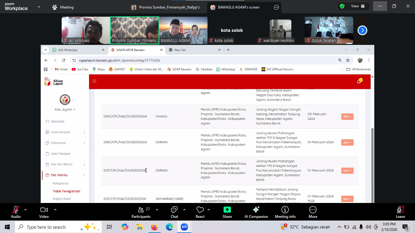 Bawaslu Kabupaten Padang Pariaman mengikuti Rapat Sinkronisasi Data Penanganan Pelanggaran pada Aplikasi SigapLapor